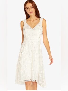 Adrianna Papell White 3D Floral Embroidered High Low Dress